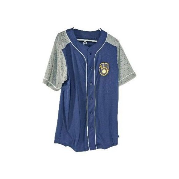 Majestic Milwaukee Brewers Button Up Size Large Baseball Jersey - Picture 1 of 3